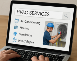Laptop screen showing HVAC services menu (Air Conditioning, Heating, Ventilation, HVAC Repair) with a technician repairing an outdoor air conditioner unit nearby.