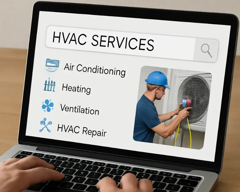 Laptop screen showing HVAC services menu (Air Conditioning, Heating, Ventilation, HVAC Repair) with a technician repairing an outdoor air conditioner unit nearby.