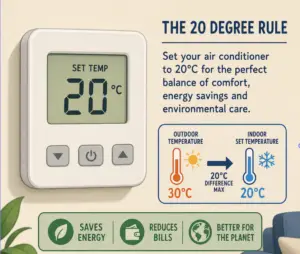Infographic about the 20-degree rule: set your thermostat to 20°C for comfort and energy savings.