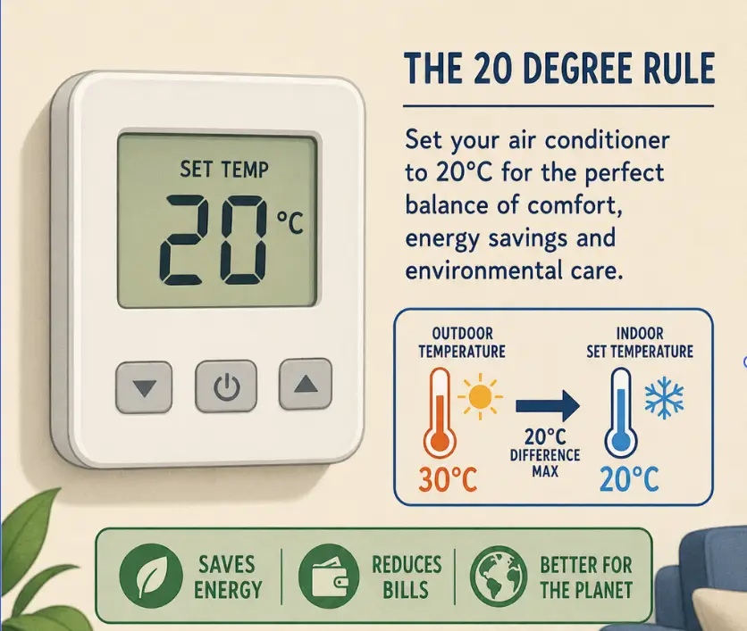 Infographic about the 20-degree rule: set your thermostat to 20°C for comfort and energy savings.