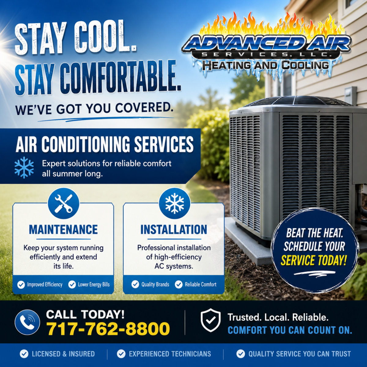 Promotional banner for Advanced Air Services LLC advertising air conditioning services and contact info, with a large outdoor unit and bold text.