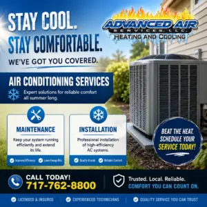 Promotional banner for Advanced Air Services LLC advertising air conditioning services and contact info, with a large outdoor unit and bold text.